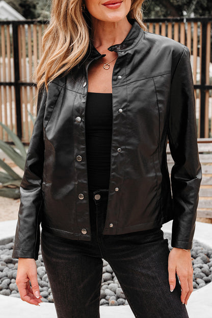 Olive Faux Leather Buttoned Front Boxy Jacket