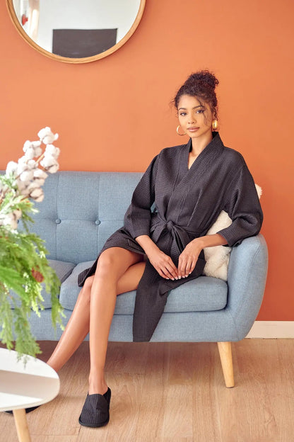 Knee-Length Waffle Kimono Robe for Women