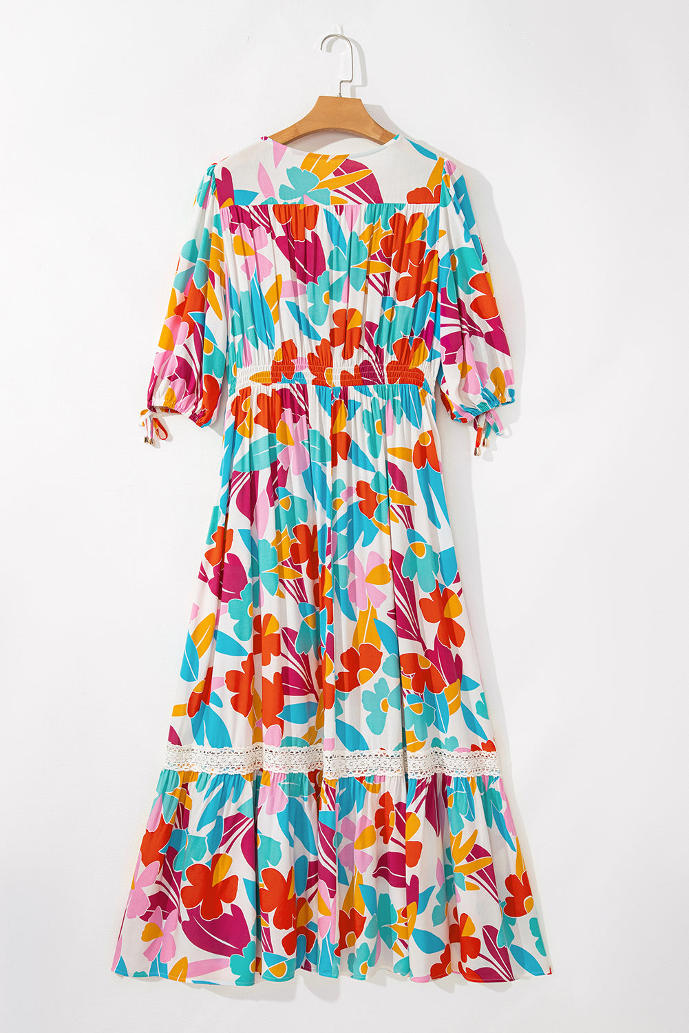 Sky Floral Knot Puff Sleeve Buttoned Front Maxi Dress