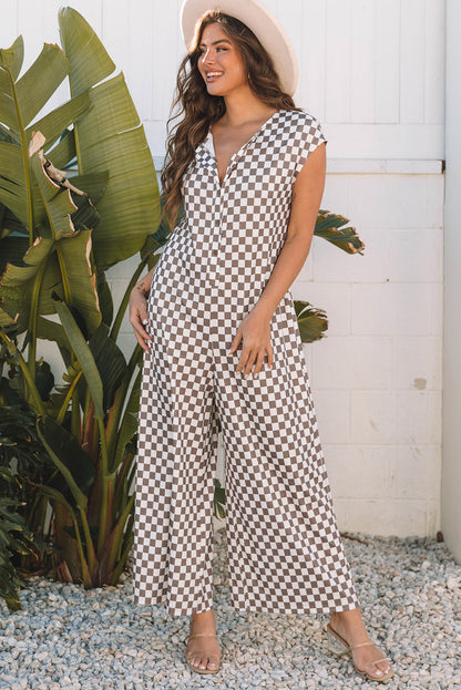 Paisley Checkered Buttoned Crew Neck Wide Leg Jumpsuit