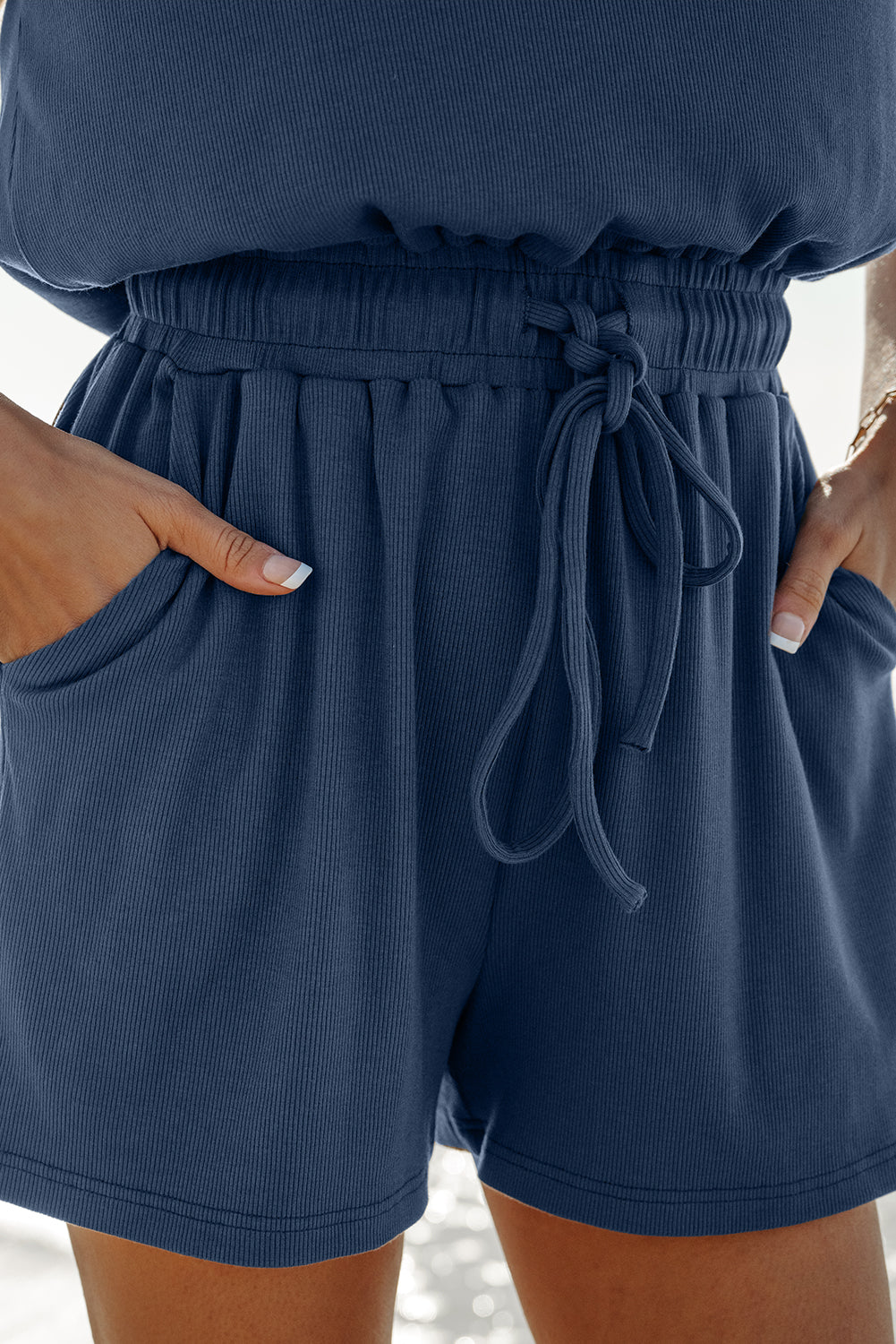 Kassidy Knit Open Back Cap Sleeve Drawstring Romper