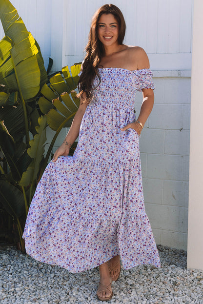 Lacey Floral Short Bubble Sleeve Maxi Dress