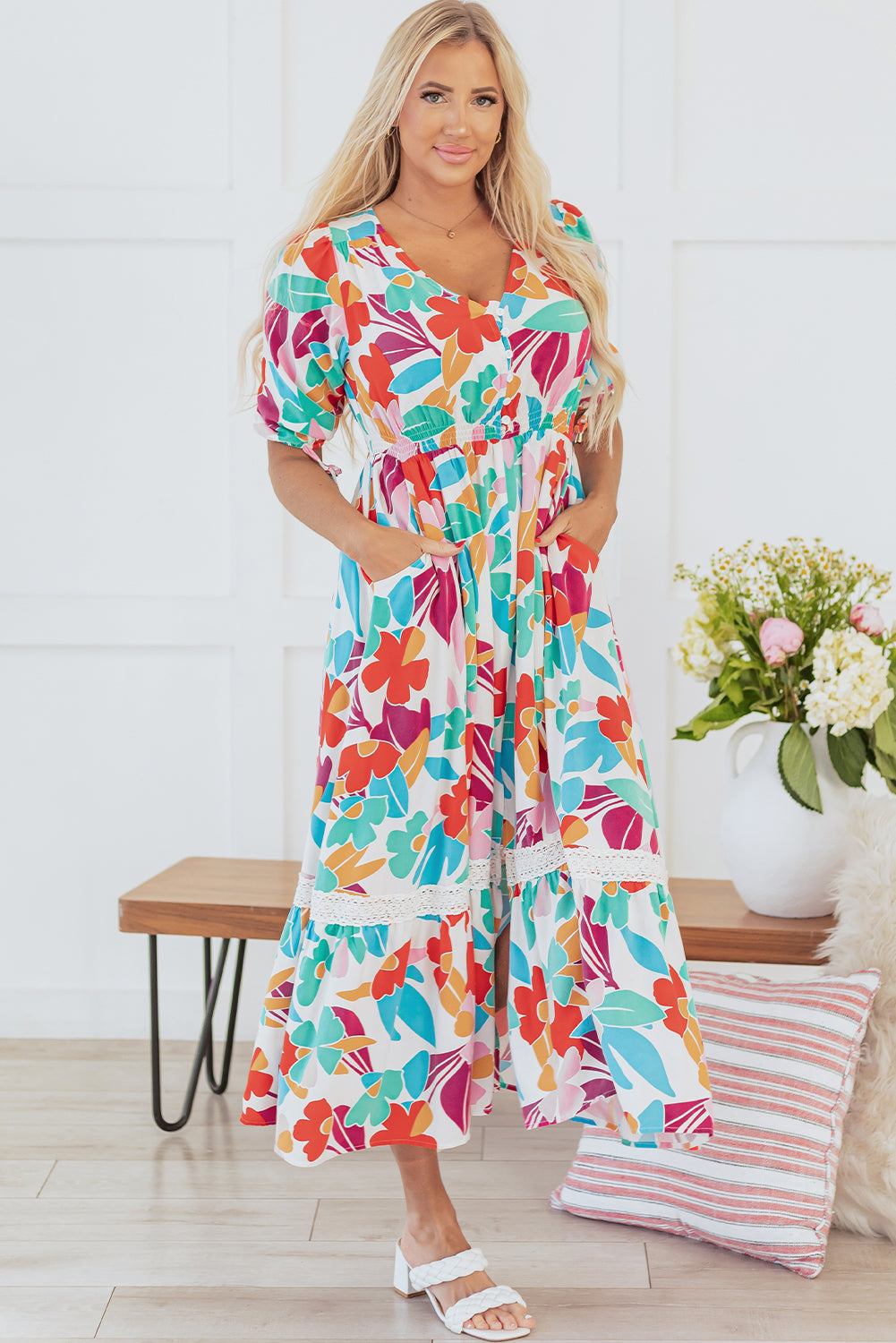 Sky Floral Knot Puff Sleeve Buttoned Front Maxi Dress