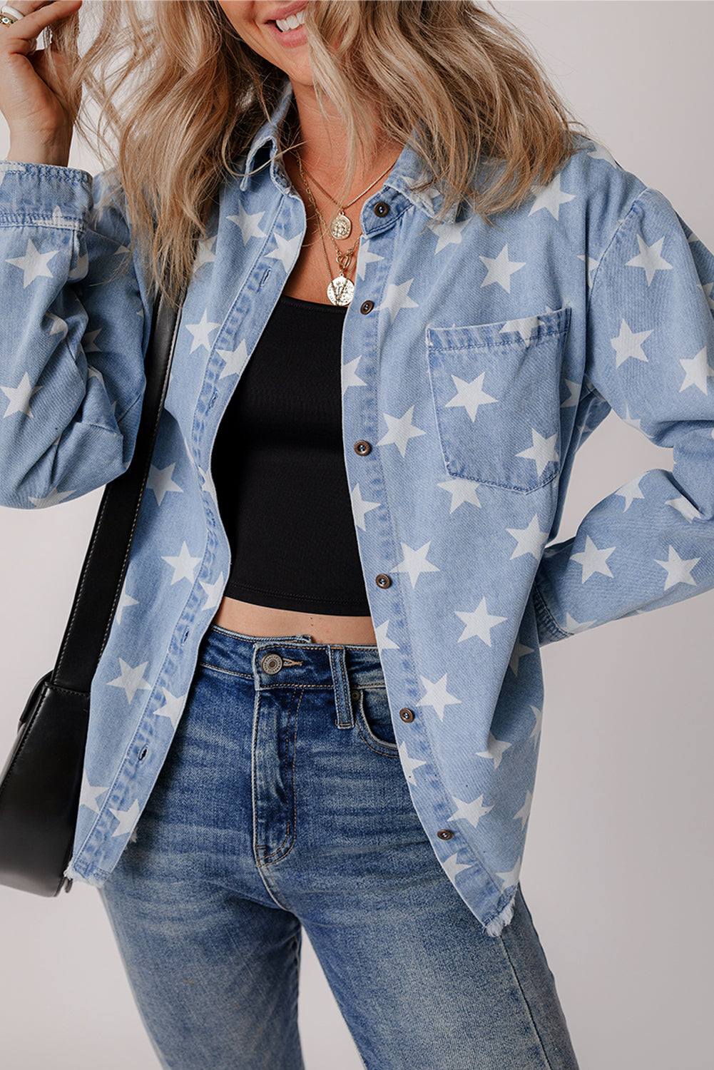 Star Light Wash Raw Hem Denim Jacket