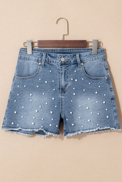 Amelie Pearl Beaded Raw Hem Medium Wash Denim Shorts