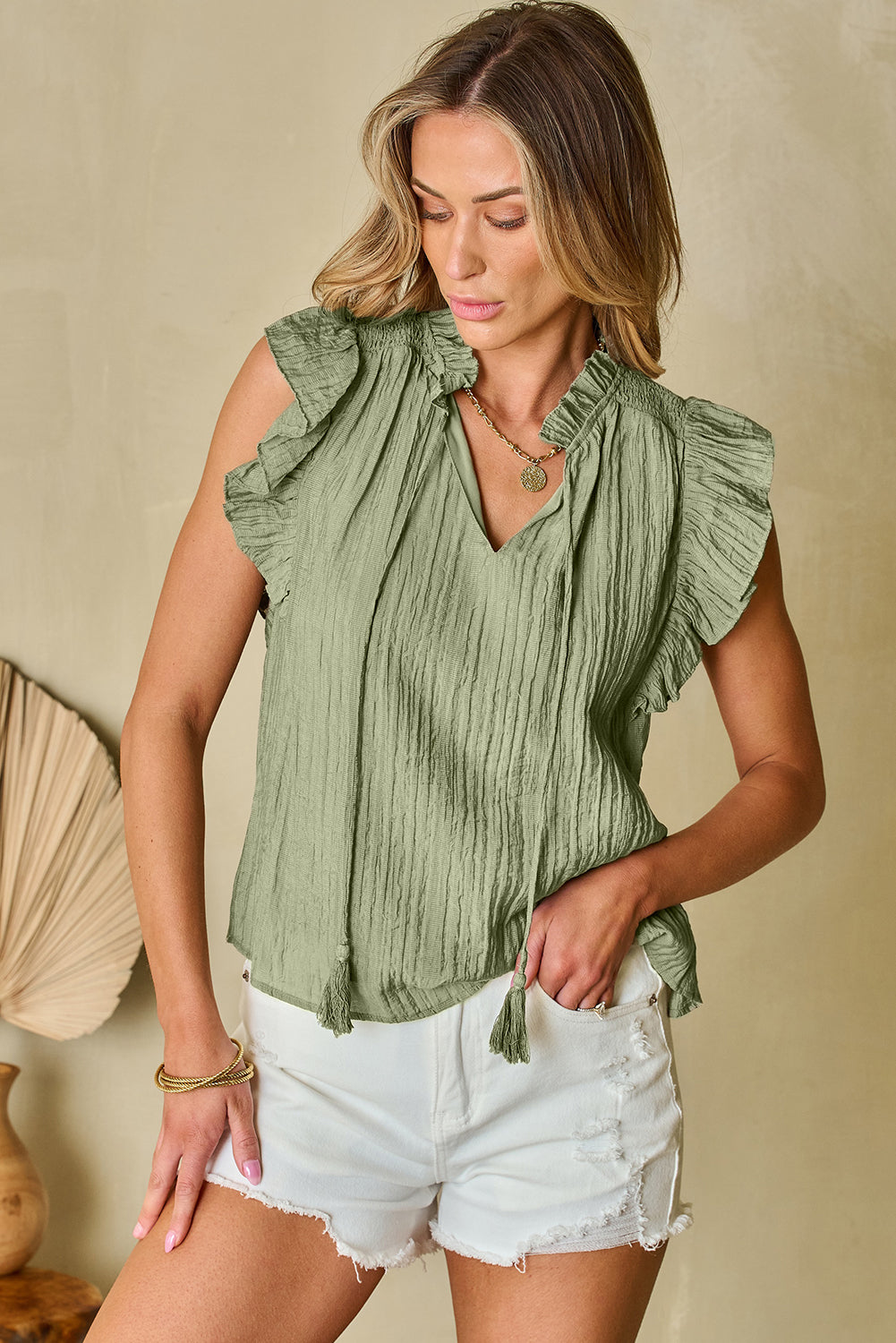 Keira V Neck Flutter Sleeve Textured Blouse