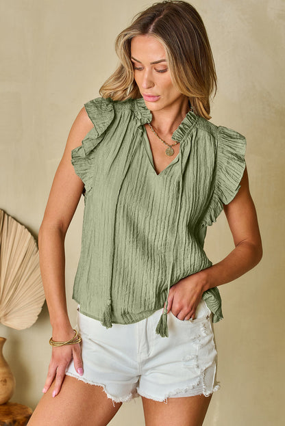 Keira V Neck Flutter Sleeve Textured Blouse