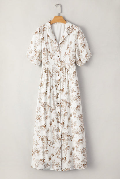 Iliana Floral Puff Sleeve V Neck Buttoned Front Maxi Dress