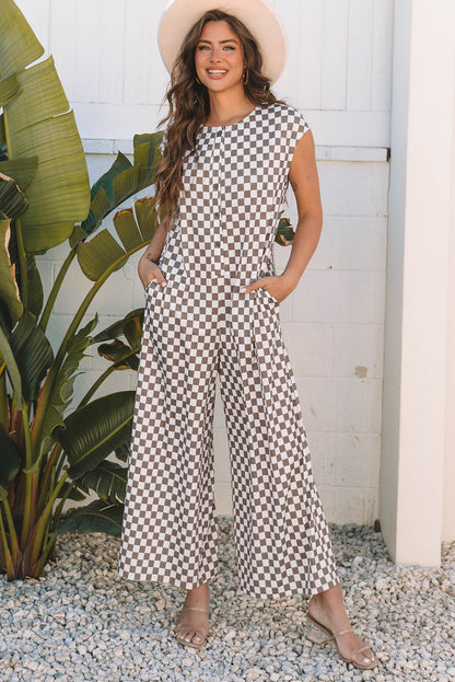Paisley Checkered Buttoned Crew Neck Wide Leg Jumpsuit