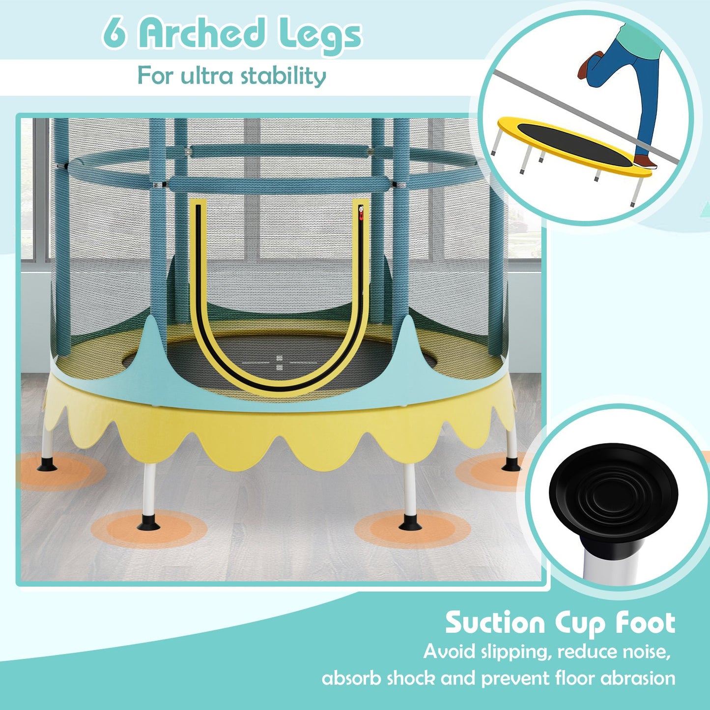 64 Inch Kids Trampoline with Detachable Canopy and Safety Enclosure Net-Yellow