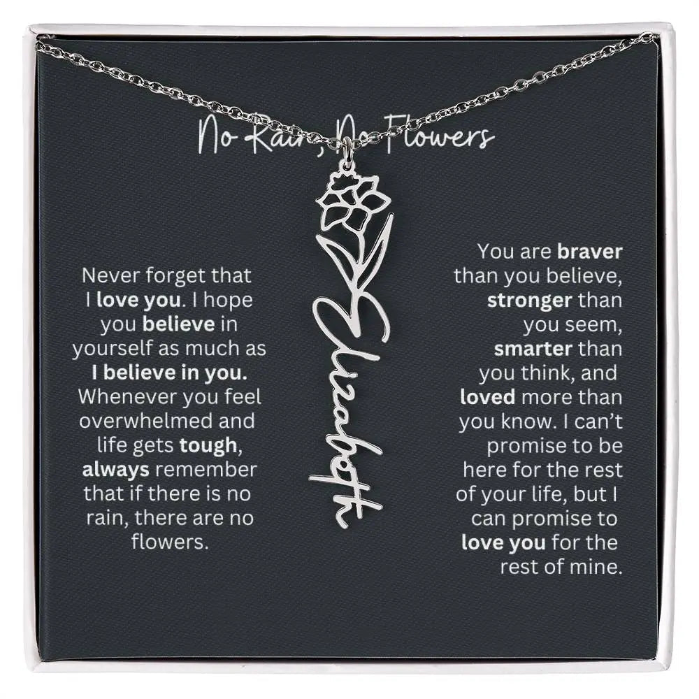 No Rain No Flowers Birth Necklace - Personalized Name Jewelry