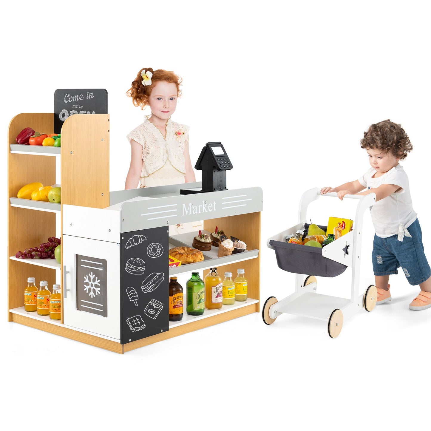 Pretend Play Grocery Store Set with Shopping Cart and 2 Chalkboards-White