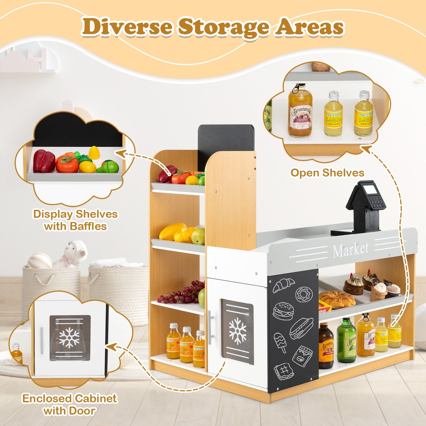 Pretend Play Grocery Store Set with Shopping Cart and 2 Chalkboards-White