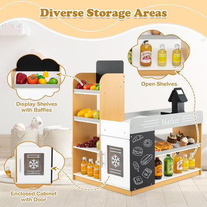 Pretend Play Grocery Store Set with Shopping Cart and 2 Chalkboards-White