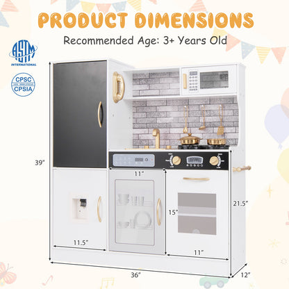 Pretend Play Kitchen with Utensils for Kids Aged 3+-White