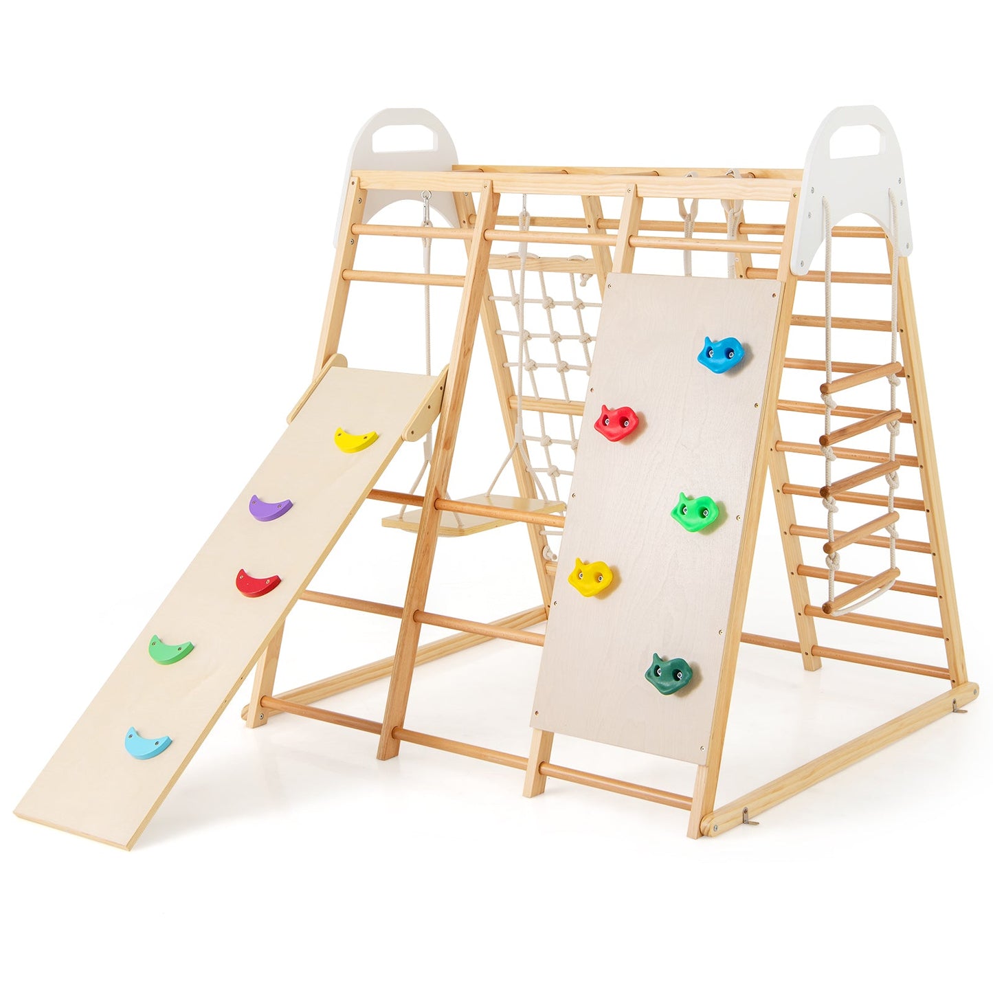 8-in-1 Wooden Jungle Gym Playset with Slide and Monkey Bars-Natural