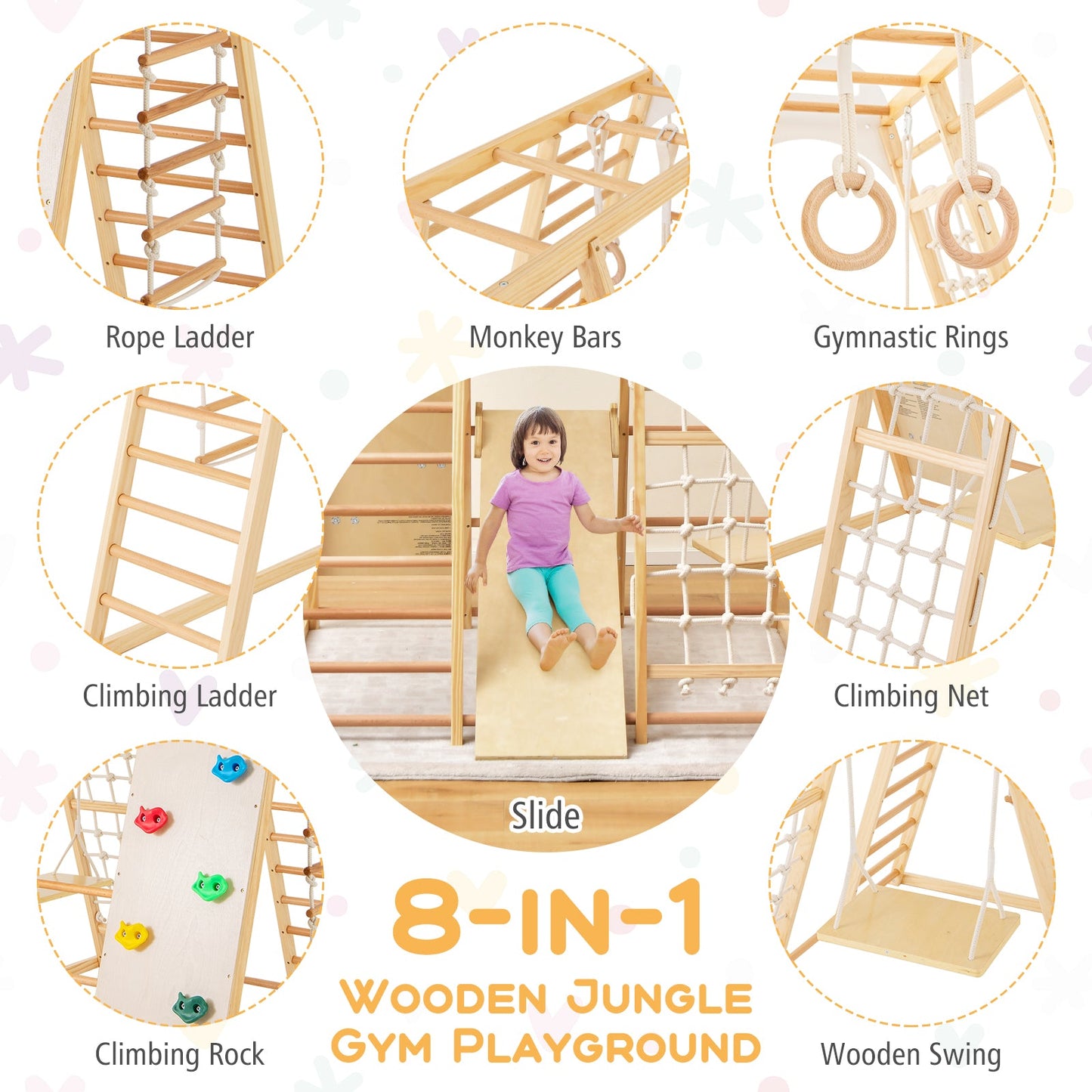 8-in-1 Wooden Jungle Gym Playset with Slide and Monkey Bars-Natural