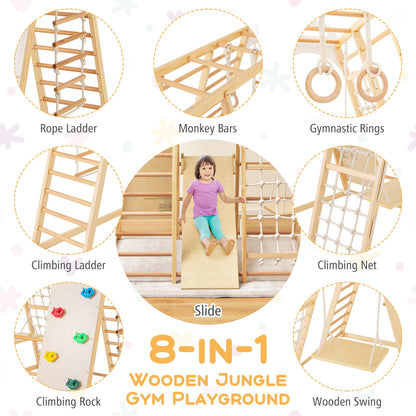 8-in-1 Wooden Jungle Gym Playset with Slide and Monkey Bars-Natural